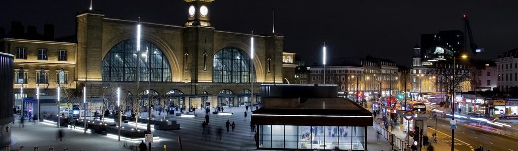 Outside Kings Cross station at night